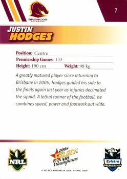 2008 Select NRL Champions #7 Justin Hodges Back